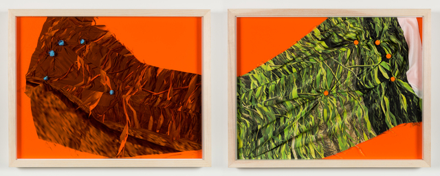 [thumbnail of Splayed, 2014. Digitally printed silk, acrylic, ear plugs, frame. 43cm x 55cm]